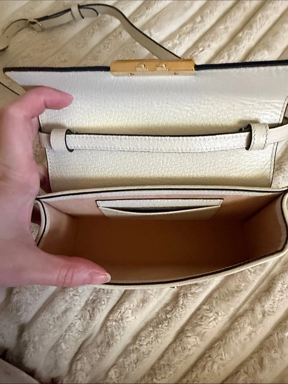 Gucci Beige Monogram Crossbody with Pink Metallic Strawberry Detail